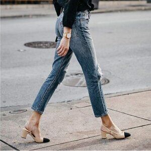 FOWT Beige Pointed Toe Pumps Chunky Mid Heel Slingback Sandals Party Office Shoe